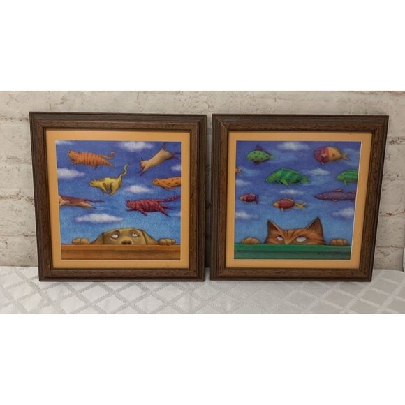 Cathy Gendron Whimsical Dog Cat Fish Framed Art 15" x 15" - Picture 3 of 7